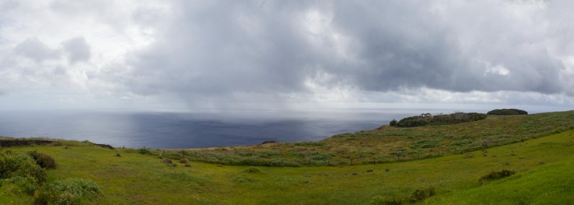 Panorma view of the island and the sea from Rano Kau, Easter Isl
