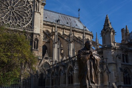 Pope John Paul II statue and the South Rose Window, Notre-Dame,